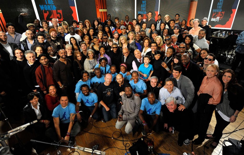 Jones Poses With Singers And Producers of We Are The World 25 Years For Haiti Following The Recording Session in Hollywood in 2010 pictures by Kevin Mazur-WireImage-Getty Images